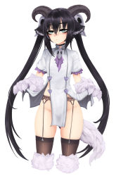 Rule 34 | 1girl, animal ears, animal hands, ascot, baphomet (monster girl encyclopedia), barbariank, black choker, black hair, choker, clothes lift, commentary, cowboy shot, cropped legs, demon girl, dress, dress lift, english commentary, expressionless, eyes visible through hair, fur, garter belt, green eyes, groin, hair between eyes, hair ornament, heart, highres, horns, lifting own clothes, long hair, looking at viewer, monster girl, monster girl encyclopedia, no panties, pelvic curtain, purple ascot, short dress, short sleeves, simple background, skull hair ornament, solo, tail, thighhighs, twintails, very long hair, white background, white dress, white fur