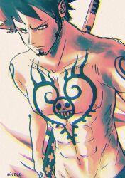 Rule 34 | 1boy, abs, absurdres, bare pectorals, chest tattoo, chromatic aberration, commentary request, earrings, facial hair, furol nicoco, goatee, hand tattoo, highres, holding, holding sword, holding weapon, jewelry, looking at viewer, male focus, one piece, pectorals, sideburns, solo, sword, tattoo, topless male, trafalgar law, upper body, weapon