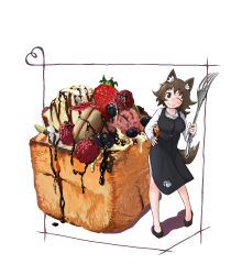 Rule 34 | 1girl, absurdres, animal ears, apron, black apron, black footwear, blackberry (fruit), blush, brown eyes, brown hair, cake, closed mouth, commentary request, doitsuken, dot nose, food, fork, fruit, hand on own hip, highres, holding, holding fork, long hair, looking at viewer, mini person, minigirl, one eye closed, original, shirt, shoes, simple background, smile, solo, standing, strawberry, tail, white background, white shirt