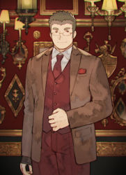 Rule 34 | 1boy, alternate costume, bad id, bad pixiv id, black hair, brown coat, brown hair, chataro1412, coat, formal, glasses, male focus, necktie, open clothes, open coat, pants, red pants, red vest, rimless eyewear, shield, motoori shiro, shirt, short hair, solo, thick eyebrows, tokyo houkago summoners, vest, wall lamp, white shirt