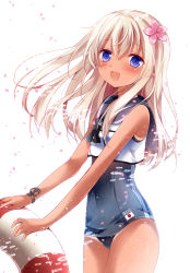 Rule 34 | 10s, 1girl, :d, blue eyes, blush, cowboy shot, crop top, flower, hair between eyes, hair flower, hair ornament, japanese flag, kantai collection, lifebuoy, long hair, looking at viewer, nogi takayoshi, one-piece swimsuit, open mouth, outstretched arms, ro-500 (kancolle), school swimsuit, school uniform, serafuku, silver hair, simple background, smile, solo, standing, swim ring, swimsuit, tan, tanline, tareme, thighs, white background