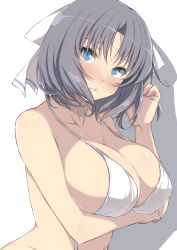 Rule 34 | adjusting hair, arm under breasts, bikini, blue eyes, blush, bow, breasts, chimunge, cleavage, covered erect nipples, grey hair, hair bow, highres, large breasts, looking at viewer, looking to the side, medium hair, open mouth, senran kagura, shadow, sideboob, simple background, striped bow, swimsuit, teeth, untied bikini top, upper body, white background, white bikini, white bow, yumi (senran kagura)