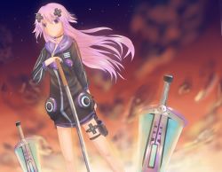 Rule 34 | 10s, 1girl, adult neptune, biroku rami, d-pad, gradient background, hair ornament, highres, holster, long hair, md5 mismatch, neptune (neptunia), neptune (series), purple eyes, purple hair, solo, sunset, sword, thigh holster, thigh strap, weapon
