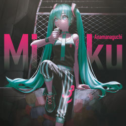 Rule 34 | 1girl, alternate costume, anamanaguchi (band), barbed wire, chain-link fence, character name, cytus, cytus ii, drinking, fence, green eyes, green hair, hair between eyes, hatsune miku, headphones, highres, long hair, necktie, pants, reoen, sitting, solo, striped clothes, striped pants, tank top, twintails, vertical-striped clothes, vertical-striped pants, very long hair, vocaloid