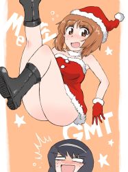 Rule 34 | 2girls, ^^^, text background, black footwear, black hair, blank eyes, blush, boots, brown eyes, brown hair, christmas, commentary, dress, english text, floating, fur-trimmed dress, fur collar, fur trim, girls und panzer, gloves, hat, highres, leg up, long hair, looking at another, looking at viewer, microdress, multiple girls, nishizumi miho, no panties, open mouth, orange background, outside border, red gloves, red headwear, reizei mako, santa dress, santa gloves, santa hat, short hair, smile, strapless, strapless dress, sweatdrop, wacha otoko