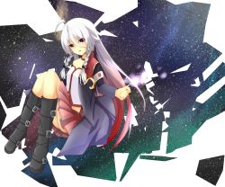 1girl :d ahoge boots braid choker eisuto female_focus highres ia_(vocaloid) long_hair looking_at_viewer open_mouth pleated_skirt red_eyes silver_hair sitting skirt sky smile solo star_(sky) starry_sky twin_braids vocaloid