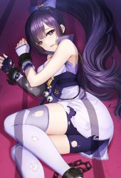 Rule 34 | 1girl, asymmetrical sleeves, bare arms, bike shorts, boots, bow, chain, commission, cuffs, detached sleeves, floating hair, grey thighhighs, hair bow, handcuffs, highres, indie virtual youtuber, long hair, long sleeves, looking at viewer, lying, on side, open mouth, pixiv commission, ponytail, purple bow, purple eyes, purple hair, purple shorts, short shorts, shorts, single sleeve, sion (9117), solo, thigh boots, thighhighs, torn clothes, torn shorts, torn sleeves, torn thighhighs, very long hair, virtual youtuber, white footwear