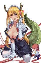 Rule 34 | 10s, 2girls, :&lt;, ;p, ascot, bad id, bad pixiv id, between legs, black dress, blush, breasts, chibi, cleavage, collarbone, collared shirt, commentary request, dragon girl, dragon horns, dragon tail, dress, dress shirt, elbow gloves, unworn eyewear, fang xue jun, frilled sleeves, frills, glasses, gloves, hair between eyes, hand between legs, hand up, heart, highres, horns, kneeling, kobayashi-san chi no maidragon, kobayashi (maidragon), large breasts, large tail, long hair, long sleeves, looking at viewer, maid, maid headdress, multiple girls, necktie, nipples, one eye closed, open clothes, open mouth, open shirt, orange eyes, orange hair, pink lips, ponytail, puffy short sleeves, puffy sleeves, red ascot, red hair, red necktie, red ribbon, ribbon, sash, shirt, short sleeves, sidelocks, simple background, skirt, sleeveless, sleeveless dress, smile, tail, teeth, tohru (maidragon), tongue, tongue out, twintails, very long hair, vest, white background, white gloves, white shirt, wing collar, yellow necktie
