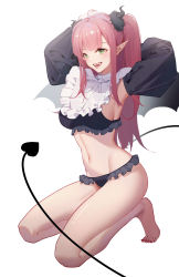 Rule 34 | 1girl, absurdres, alternate costume, bare legs, barefoot, bikini, black bikini, black bra, black panties, blush, bra, breasts, commentary, cosplay, demon girl, demon tail, demon wings, enmaided, full body, green eyes, hair ornament, hairclip, highres, j fang, kitagawa marin, kneeling, legs, long hair, looking at viewer, maid, medium breasts, nail polish, navel, open mouth, panties, parted lips, pink hair, pointy ears, red lips, red nails, rizu-kyun, rizu-kyun (cosplay), sideboob, smile, solo, sono bisque doll wa koi wo suru, swimsuit, tail, teeth, thighs, toenail polish, toenails, toes, twintails, underwear, upper teeth only, white background, wings