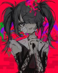 Rule 34 | 1girl, ame-chan (needy girl overdose), bandaid, bandaid on cheek, bandaid on face, black hair, black nails, blood, bloody knife, blush, grey eyes, greyscale with colored background, hair over one eye, highres, holding, holding knife, knife, messy hair, needy girl overdose, one eye covered, open mouth, red background, saliva, shitose, sketch, solo, teeth, twintails