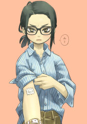 Rule 34 | 1girl, black-framed eyewear, black hair, blue shirt, brown pants, buttoned cuffs, buttons, chiyo maru, collared shirt, commentary request, dress shirt, eyelashes, forehead, gauze on arm, glaring, highres, light blush, light frown, looking at viewer, low ponytail, orange background, original, outstretched arm, pants, parted hair, parted lips, pinstripe pattern, pinstripe shirt, rolling sleeves up, shirt, shirt partially tucked in, short hair, short ponytail, simple background, sleeves past elbows, solo, speech bubble, striped clothes, striped shirt, translated, tsurime, unbuttoned sleeves, undershirt, upper body, v-shaped eyebrows, vertical-striped clothes, vertical-striped shirt, watch, wristwatch, yellow eyes