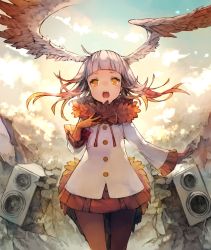 Rule 34 | 10s, 1girl, blunt bangs, chobi (sakuyasakuhana), coat, cowboy shot, feathered wings, fur collar, gloves, gradient hair, head wings, japanese crested ibis (kemono friends), kemono friends, long hair, long sleeves, looking at viewer, miniskirt, multicolored hair, open mouth, outdoors, pantyhose, red gloves, red hair, red pantyhose, red ribbon, red skirt, ribbon, skirt, sky, solo, speaker, standing, tail, white coat, white hair, wings, yellow eyes