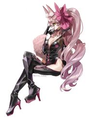 Rule 34 | 1girl, animal ear fluff, animal ears, black bodysuit, bodysuit, boots, bow, breasts, center opening, choker, cleavage, crossed legs, elbow gloves, fate/grand order, fate (series), fox ears, fox girl, fox tail, glasses, gloves, hair between eyes, hair bow, high collar, high heel boots, high heels, highres, hip vent, koyanskaya (assassin) (first ascension) (fate), koyanskaya (fate), large breasts, long hair, looking at viewer, partially unzipped, pink bow, pink hair, ponytail, sirasu wakame, smile, solo, tail, tamamo (fate), very long hair, white background, yellow eyes