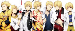 Rule 34 | 1boy, aged down, alcohol, armor, bad id, bad pixiv id, blonde hair, bodypaint, bracelet, casual, chain, child, child gilgamesh (fate), coat, costume chart, cup, drinking glass, earrings, fate/hollow ataraxia, fate/stay night, fate/zero, fate (series), fur coat, gilgamesh (fate), highres, jewelry, male focus, midriff, multiple persona, navel, necklace, official alternate costume, red eyes, short hair, wine, wine glass, xia (ryugo)
