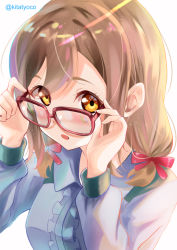 Rule 34 | 1girl, artist name, artist request, blouse, blue shirt, blush, bow, breasts, brown eyes, brown hair, collared shirt, dress, female focus, frilled dress, frills, glasses, hair between eyes, hair bow, holding glasses, kitatyoco, kunikida hanamaru, light brown hair, long hair, long sleeves, looking at viewer, love live!, love live! sunshine!!, matching hair/eyes, medium breasts, parted lips, red bow, shirt, smile, solo, upper body, white background, white shirt, yellow eyes