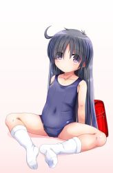 Rule 34 | 1girl, absurdres, ahoge, arms behind back, backpack, bag, black hair, blue one-piece swimsuit, cameltoe, commentary request, covered navel, damubomu, expressionless, eyes visible through hair, hair over eyes, highres, knees apart feet together, legs, long hair, old school swimsuit, one-piece swimsuit, original, pink eyes, randoseru, school swimsuit, simple background, socks, solo, spread legs, swimsuit, thighs, white background, white footwear