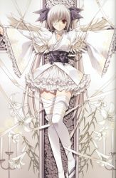 Rule 34 | absurdres, angel, bandages, candle, cross, crucifixion, eyepatch, flower, frills, highres, long hair, thighhighs, twintails, white hair, wings