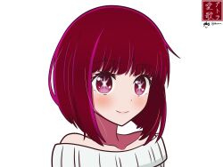 Rule 34 | 1girl, absurdres, aikazilla, arima kana, bare shoulders, blush, bob cut, closed mouth, collarbone, commentary, highres, inverted bob, looking at viewer, medium hair, off-shoulder sweater, off shoulder, oshi no ko, outline, red eyes, red hair, signature, simple background, smile, solo, star-shaped pupils, star (symbol), sweater, symbol-shaped pupils, twitter username, upper body, variant set, white background, white outline, white sweater