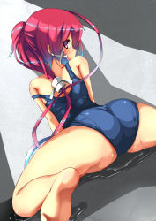 Rule 34 | 1girl, ass, bare legs, barefoot, dutch angle, feet, female focus, from behind, hair ornament, highres, i-168 (kancolle), kantai collection, long hair, looking at viewer, looking back, off shoulder, one-piece swimsuit, profile, red hair, school uniform, serafuku, sitting, soles, solo, swimsuit, thighs, toes, unomi, very long hair, wet, x hair ornament