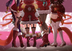Rule 34 | 4girls, absurdres, amber (genshin impact), artist request, ass, ass focus, blonde hair, boots, brown hair, christmas, dress, from behind, garter straps, genshin impact, gloves, hair ornament, hat, high heel boots, high heels, highres, klee (genshin impact), leotard, long hair, low twintails, mona (genshin impact), multiple girls, pantyhose, pointy ears, purple hair, ribbon, santa costume, shiny clothes, shiny skin, short dress, short shorts, shorts, sucrose (genshin impact), twintails, very long hair