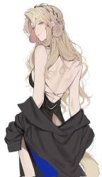 Rule 34 | 1girl, animal ears, arknights, backless dress, backless outfit, bare shoulders, black dress, black jacket, blue eyes, closed mouth, commentary, corrupted twitter file, dog ears, dog girl, dog tail, dress, droopy ears, earrings, from behind, hair ornament, highres, jacket, jewelry, joshua (shisanli934), kristen (arknights), light brown hair, long hair, looking at viewer, looking back, sidelocks, simple background, solo, standing, symbol-only commentary, tail, undressing, white background
