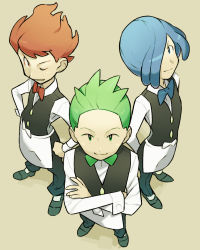 Rule 34 | 3boys, apron, arm behind back, blue eyes, blue hair, bow, bowtie, brothers, chili (pokemon), cilan (pokemon), closed mouth, commentary request, creatures (company), cress (pokemon), crossed arms, donnpati, from above, game freak, green eyes, green hair, highres, long sleeves, male focus, multiple boys, nintendo, no sclera, one eye closed, orange hair, pants, pokemon, pokemon bw, shirt, shoes, siblings, smile, traditional bowtie, vest, waist apron, white shirt
