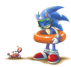 Rule 34 | 1boy, animal, artist request, bad id, bad pixiv id, crab, crabmeat (sonic), gloves, goggles, green eyes, innertube, looking at another, male focus, sega, shoes, simple background, sneakers, snorkel, sonic (series), sonic the hedgehog, sparkle, swim ring, white gloves