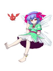 Rule 34 | 1girl, anklet, arm behind back, barefoot, blue hair, bow, choker, creature, dress, elfin mint, frown, full body, green shirt, hairband, highres, jewelry, original, pale skin, pink bow, print shirt, puffy sleeves, red eyes, shirt, short hair, solo, teitoku, the last comer, touhou, transparent background, white background, wings