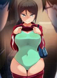 Rule 34 | 1girl, 2boys, angry, breasts, brown hair, cleavage, competition swimsuit, curvy, flashing, highres, jacket, large breasts, looking at viewer, mole, mole under eye, multiple boys, navel, one-piece swimsuit, skindentation, swimsuit, swimsuit under clothes, thigh gap, thighhighs, thighs, track jacket, yuzumiya mono, zettai ryouiki