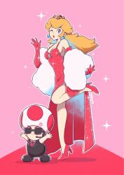 Rule 34 | 1boy, 1girl, alternate costume, black jacket, blonde hair, blue eyes, clothing request, commentary, crown, dress, earrings, elbow gloves, english commentary, full body, gloves, high heels, highres, jacket, jewelry, leg up, long hair, looking at viewer, mario (series), nintendo, one eye closed, pink background, ponytail, princess peach, red carpet, red dress, red footwear, red gloves, red toad (mario), saiwo (saiwoproject), simple background, sleeveless, sleeveless jacket, sphere earrings, sunglasses, super mario all stars, toad (mario), waving