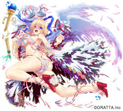 Rule 34 | 1girl, angel wings, armpits, ass, bare legs, blonde hair, blue bow, blue eyes, blush, bow, braid, breasts, broken, broken weapon, butt crack, chloris garden, convenient censoring, copyright name, cross, dress, embarrassed, exploding clothes, feathers, flower, full body, gloves, hair bow, hat, unworn hat, unworn headwear, high heels, hijikawa arashi, large breasts, long hair, long sleeves, looking at viewer, nose blush, official art, open mouth, original, panties, red cross, red footwear, rose, shoes, side braid, single braid, sitting, smile, solo, staff, tareme, tears, thigh strap, torn clothes, torn dress, underwear, weapon, white background, white dress, white feathers, white wings, wings