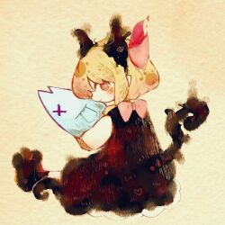 Rule 34 | 1girl, ascot, black vest, blonde hair, bow, brown background, cat girl, cat tail, darkness, fish, full body, hair bow, hair ribbon, heart, holding, mokumoku22, red ascot, red bow, red eyes, ribbon, rumia, short hair, sitting, skirt, skirt set, solo, tail, touhou, vest
