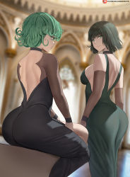 Rule 34 | 2girls, ass, ass focus, backless dress, backless outfit, bare shoulders, black dress, black hair, blurry, blurry background, breasts, choker, closed mouth, commentary, dress, elbow gloves, female focus, fubuki (one-punch man), gloves, green dress, green hair, highres, indoors, large breasts, looking at viewer, looking back, matching hair/eyes, multiple girls, one-punch man, patreon logo, patreon username, profile, shexyo, short hair, shoulder blades, siblings, sideboob, sisters, sitting, tatsumaki, watermark, web address