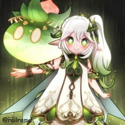 Rule 34 | blush, child, commentary, dress, english commentary, genshin impact, gradient hair, green hair, hair ornament, highres, leaf hair ornament, looking at viewer, multicolored hair, nahida (genshin impact), pointy ears, railramd, side ponytail, slime (genshin impact), smile, symbol-shaped pupils, white dress, white hair