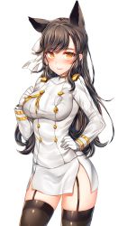 Rule 34 | 1girl, animal ears, atago (azur lane), azur lane, black hair, black thighhighs, blush, breasts, buttons, closed mouth, commentary request, garter straps, gloves, hair ribbon, hand on own hip, highres, large breasts, long hair, long sleeves, military, military uniform, orange eyes, ribbon, side slit, simple background, smile, solo, standing, thighhighs, uniform, white background, white gloves, zerocat