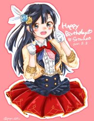 Rule 34 | 1girl, aqua flower, aqua rose, artist name, artist request, beige jacket, black hair, blue hair, blue neckwear, blush, bow, bowtie, breasts, brown jacket, center frills, chase (love live!), clenched hand, collared shirt, cropped jacket, dark blue hair, dress, dress shirt, feather hair ornament, feathers, female focus, flower, flower print, frilled dress, frilled skirt, frills, gloves, grey eyes, hair flower, hair ornament, half gloves, heart, highres, jacket, light brown jacket, long hair, looking at viewer, love live!, love live! nijigasaki high school idol club, love live! school idol festival, medium breasts, miniskirt, necktie, nijigasaki academy school uniform, parted lips, pink background, pink neckwear, plaid, plaid skirt, pleated, pleated skirt, ponytail, red bow, red neckwear, red skirt, rose, school uniform, shirt, side ponytail, skirt, smile, solo, white feathers, white gloves, white shirt, yellow flower, yellow jacket, yellow rose, yuki setsuna (love live!)