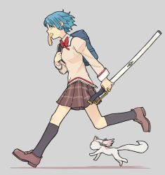 Rule 34 | 1girl, bag, black socks, blue eyes, blue hair, bow, bowtie, bread slice, brown footwear, brown skirt, food, food in mouth, from side, full body, grey background, holding, holding sword, holding weapon, kneehighs, kyubey, loafers, mahou shoujo madoka magica, miki sayaka, mitakihara school uniform, mouth hold, plaid, plaid skirt, pleated skirt, red neckwear, school uniform, shima (landsuzume), shoes, short hair, shoulder bag, simple background, skirt, socks, sword, toast, toast in mouth, weapon