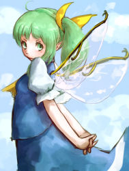 Rule 34 | 1girl, arms behind back, ascot, blue sky, cloud, daiyousei, day, fairy wings, green eyes, green hair, hair ribbon, highres, hoshibuchi, interlocked fingers, looking at viewer, matching hair/eyes, pointy ears, puffy short sleeves, puffy sleeves, ribbon, shirt, short sleeves, side ponytail, skirt, skirt set, sky, solo, touhou, vest, wings