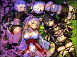 Rule 34 | 4girls, alt text, animal ears, ass, breasts, cat ears, cherry blossoms, cleavage, clickdraws, commentary, english commentary, highres, indie virtual youtuber, japanese clothes, looking at viewer, lying, miko, multiple girls, open mouth, outstretched hand, self-upload, smile, tail, virtual youtuber, white hair