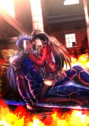 Rule 34 | 1boy, 1girl, armor, black hair, black thighhighs, blood, blood from mouth, blue hair, closed eyes, cu chulainn (fate), cu chulainn (fate/stay night), fate/stay night, fate (series), fire, gae bolg (fate), highres, kneeling, long legs, long sleeves, polearm, sitting, spear, straddling, swordsouls, thighhighs, tohsaka rin, twintails, weapon