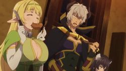 Rule 34 | 10s, 1boy, 2girls, animal ears, animated, animated gif, black hair, blonde hair, breasts, breasts squeezed together, cleavage, cleavage cutout, closed eyes, clothing cutout, collar, diablo (isekai maou), eating, elf, food, food in mouth, fork, gloves, grey hair, holding, horns, huge breasts, isekai maou to shoukan shoujo no dorei majutsu, kaneko shizue, knife, long hair, looking at breasts, metal collar, multiple girls, open mouth, pointy ears, rem galleu, sausage, sexually suggestive, shera l. greenwood, short hair, standing