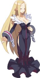 Rule 34 | 1girl, :o, bare shoulders, black dress, blonde hair, blush, breasts, chain, cleavage, closed eyes, cuffs, disgaea, dress, earrings, full body, fur trim, harada takehito, healer (disgaea), hip focus, hip vent, jewelry, long dress, long hair, long sleeves, narrow waist, off shoulder, official art, open mouth, outstretched arm, pointy ears, shackles, sidelocks, solo, standing, swept bangs, transparent background, very long hair, white background