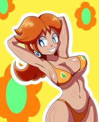 Rule 34 | 1girl, absurdres, armpits, arms behind head, bikini, blue eyes, blush, breasts, brown hair, cleavage, covered erect nipples, curvy, derivative work, earrings, grin, highres, jewelry, large breasts, legs, long hair, mario (series), navel, nintendo, princess daisy, robvemoo, smile, solo, super mario land, swimsuit, thick thighs, thighs, thong bikini