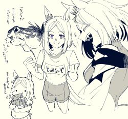 Rule 34 | 1girl, big belly, blush stickers, carrot, clenched hands, clenched teeth, closed eyes, collarbone, commentary, creature and personification, ear covers, ear ornament, fangs, food, glaring, gym shirt, gym shorts, highres, holding, holding food, horse, horse tail, monochrome, motion lines, multiple views, name tag, narita top road (racehorse), narita top road (umamusume), open mouth, parted bangs, puffy short sleeves, puffy sleeves, purple eyes, real life, sanpaku, school uniform, shirt, short hair, short sleeves, shorts, single ear cover, solid circle eyes, spot color, summer uniform, tail, takatsuki nato, teeth, tracen school uniform, translation request, two-tone eyes, umamusume, wide face, x navel, yellow eyes, yellow theme