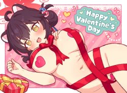 1girl ahoge animal_ear_fluff animal_ears black_hair blue_archive blush bow box breasts fang food gift gift_box groin hair_between_eyes hair_bun hair_ornament happy_valentine heart heart-shaped_box heart_pasties kaede_(blue_archive) large_breasts long_hair looking_at_viewer lying naked_ribbon navel nude on_back onyhakase open_mouth oppai_loli pasties red_ribbon ribbon short_hair smile solo stomach valentine yellow_eyes