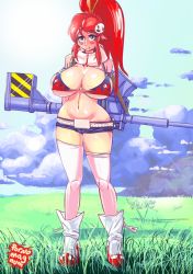 Rule 34 | 1girl, belt, bikini, bikini top only, blush, boots, breasts, cameltoe, cleavage, cloud, covered erect nipples, curvy, elbow gloves, gloves, grass, gun, hair ornament, huge breasts, long hair, looking at viewer, magsama, navel, parted lips, ponytail, red hair, scarf, shorts, sky, smile, solo, standing, swimsuit, tengen toppa gurren lagann, thighhighs, thighs, underboob, weapon, wide hips, yellow eyes, yoko littner