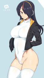 Rule 34 | 10s, 1girl, :/, bad id, bad pixiv id, black hair, black jacket, blue background, breasts, brown eyes, cameltoe, closed mouth, cowboy shot, emperor penguin (kemono friends), groin, hands in pockets, headphones, highleg, highleg leotard, highres, hood, hooded jacket, jacket, japari symbol, kemono friends, large breasts, leotard, long hair, looking at viewer, multicolored hair, open clothes, open jacket, orange hair, solo, streaked hair, striped clothes, striped jacket, thighhighs, turtleneck, urec, white thighhighs