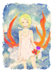 Rule 34 | 1girl, anzuni (marblefrog), barefoot, blonde hair, breath of fire, breath of fire v, dress, facial mark, nina (breath of fire v), panties, red wings, see-through, short hair, solo, tattoo, underwear, wings