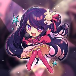 Rule 34 | 1girl, boots, brooch, chibi, commentary, dress, english commentary, frilled dress, frilled gloves, frills, full body, gloves, hair between eyes, hair ornament, heart, heart brooch, highres, holding, holding microphone, hoshino ai (oshi no ko), ion (io nite), jewelry, long hair, microphone, one side up, oshi no ko, pink dress, pink footwear, pink gloves, pointing, pointing at viewer, purple eyes, purple hair, rabbit hair ornament, sidelocks, sleeveless, sleeveless dress, solo, star-shaped pupils, star (symbol), swept bangs, symbol-shaped pupils, thigh boots, very long hair