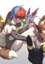 Rule 34 | 1girl, absurdres, ahoge, asuka-w, backpack, bag, black-framed eyewear, blue hair, blush, brown bag, closed mouth, clothes pull, commentary request, creatures (company), eevee, eyelashes, flareon, game freak, gen 1 pokemon, gen 2 pokemon, gen 6 pokemon, glasses, grey eyes, highres, hood, hoodie, jolteon, multicolored hair, nintendo, pantyhose, pantyhose pull, penny (pokemon), poke ball print, pokemon, pokemon (creature), pokemon sv, print pantyhose, pulled by self, red hair, round eyewear, short hair, skirt, sylveon, thighs, two-tone hair, umbreon